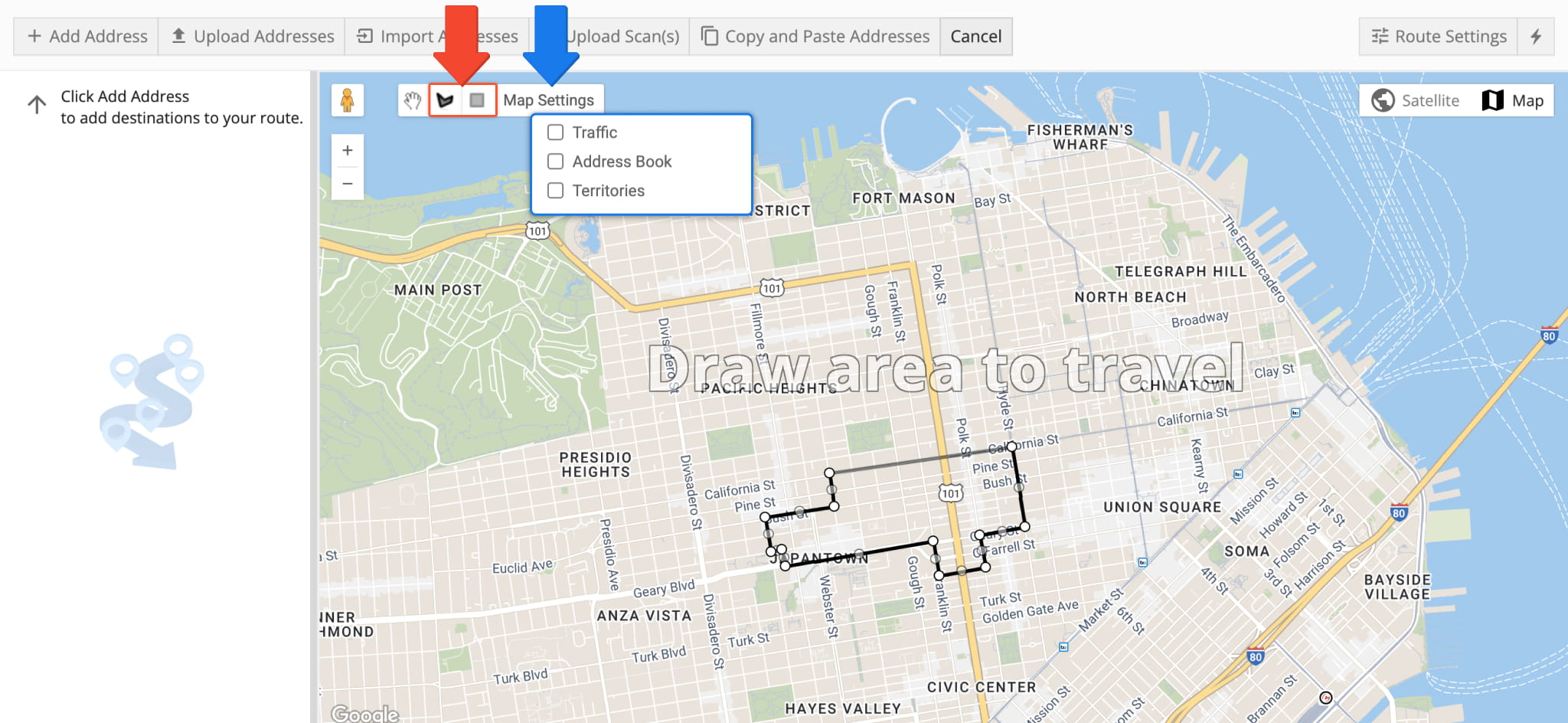 Click the square to mark travel roads with a rectangle, or use the polygon to outline custom shapes.