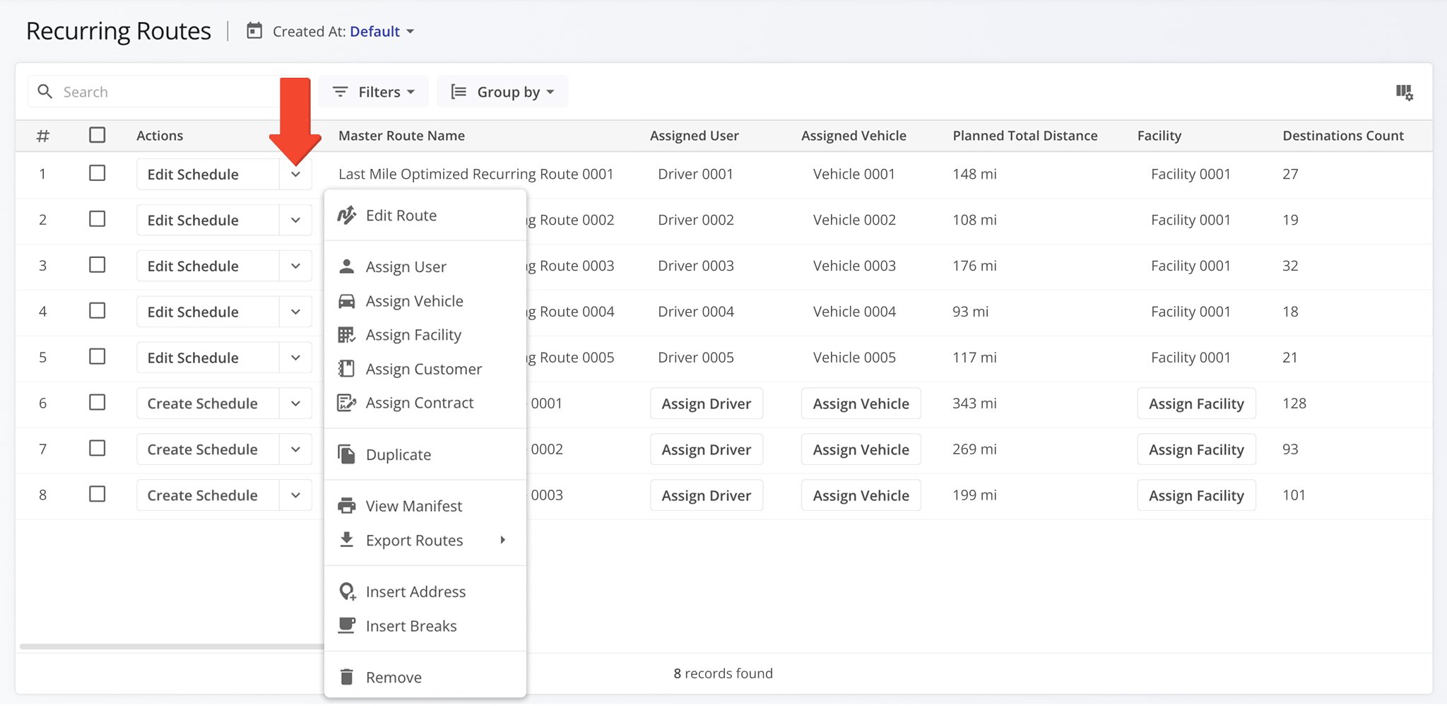 View and manage all Recurring Schedules on the Recurring Routes page.