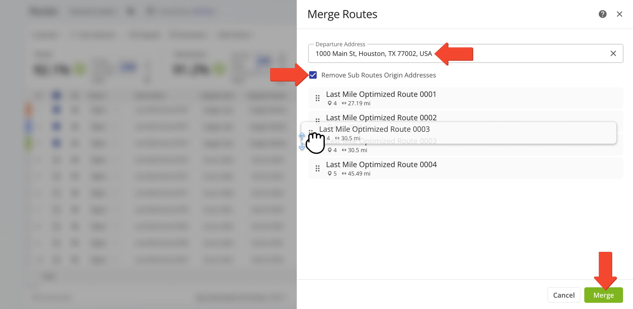 To use a Departure Address from another sub-route, drag it to the top of the sequence.