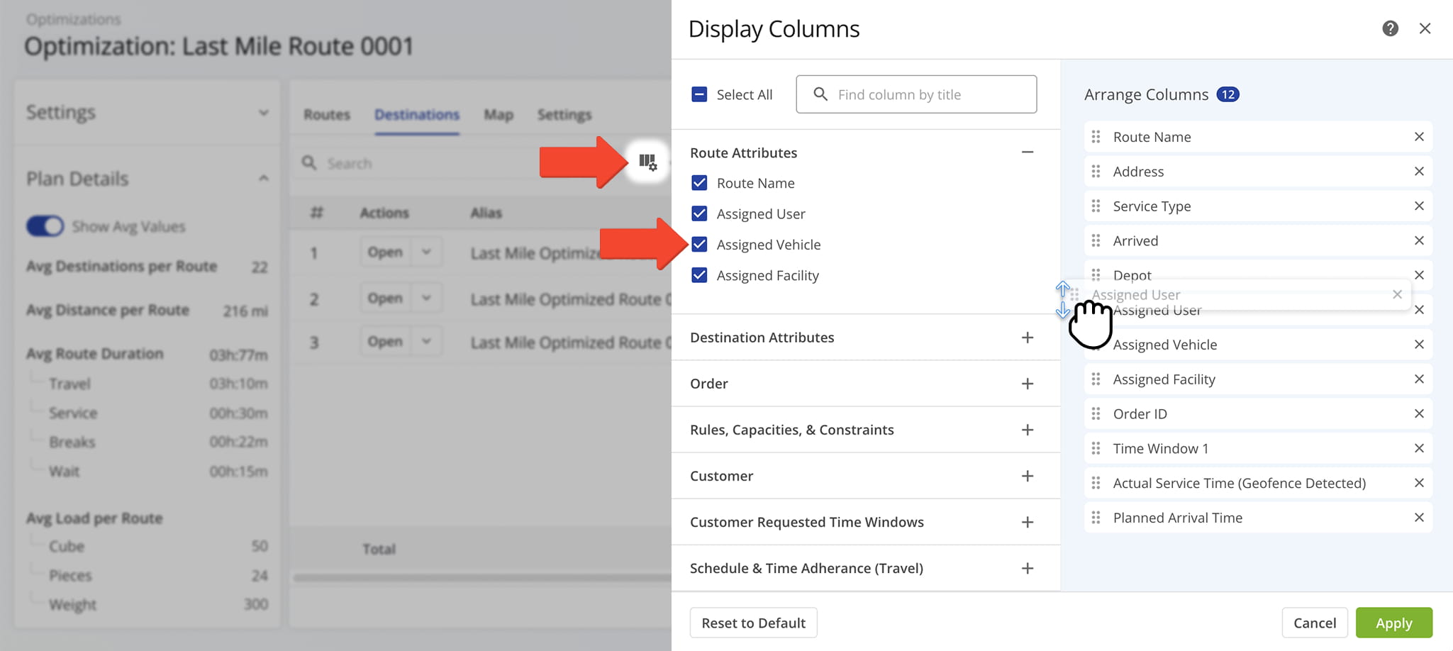 You can customize the table by clicking the Column Icon to select and reorder route data fields.