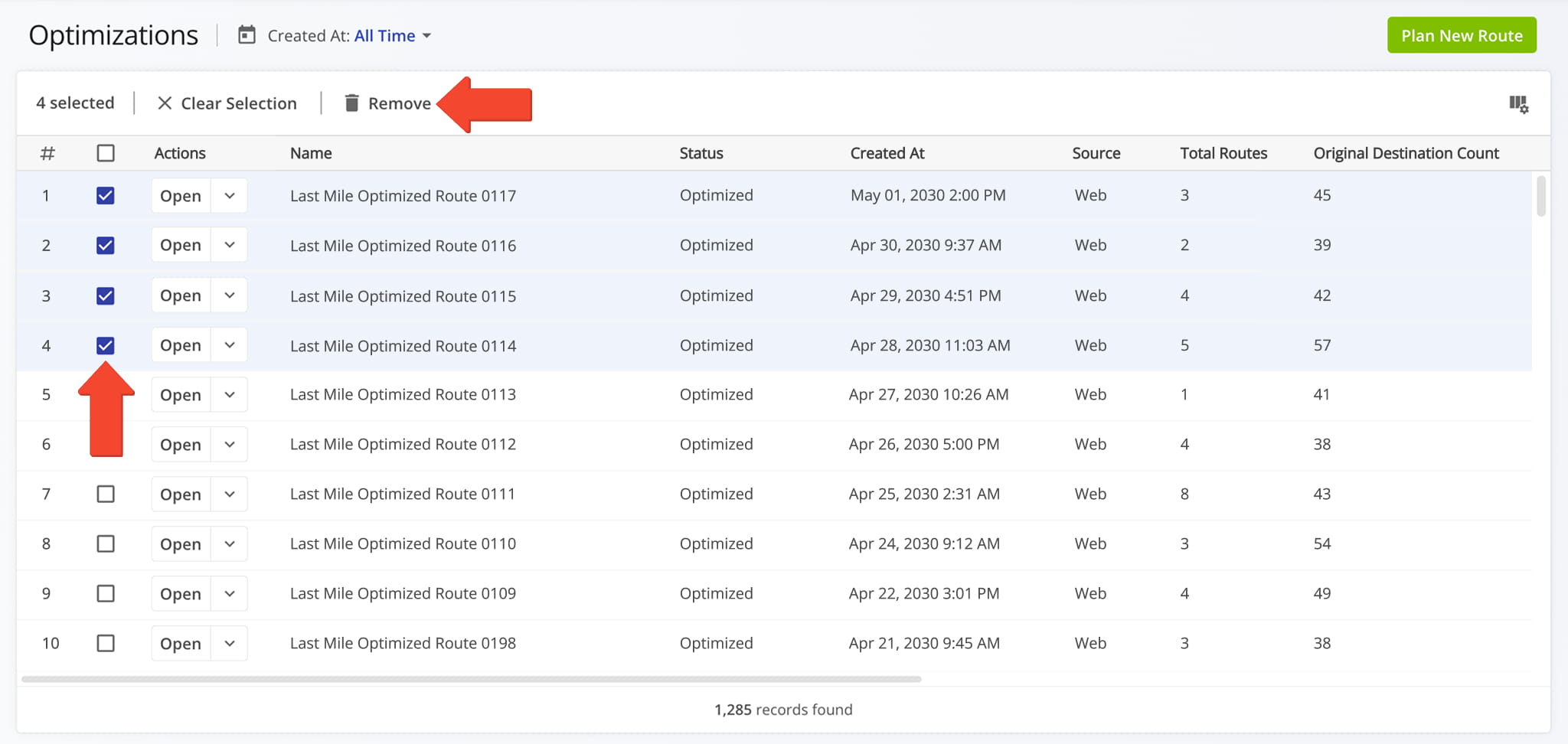 To delete multiple Optimization, check the boxes next to them and click
