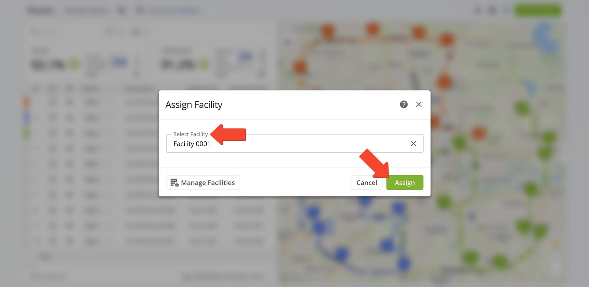 Assign a facility, warehouse, or service center to selected routes.