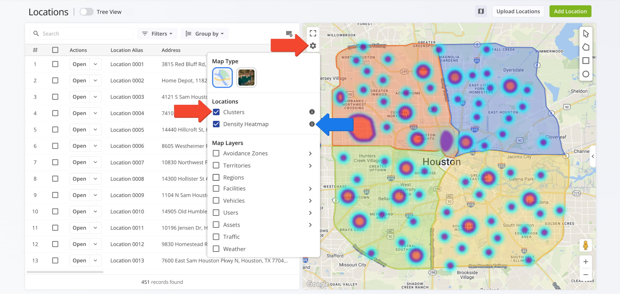 Click the Gear Icon to adjust map settings, including clusters for under 1,000 locations and Heatmap display with optional pin visibility.