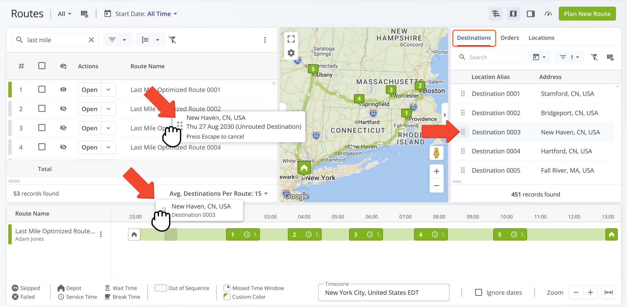 Drag any Order or Location from the list onto a route in the timeline.