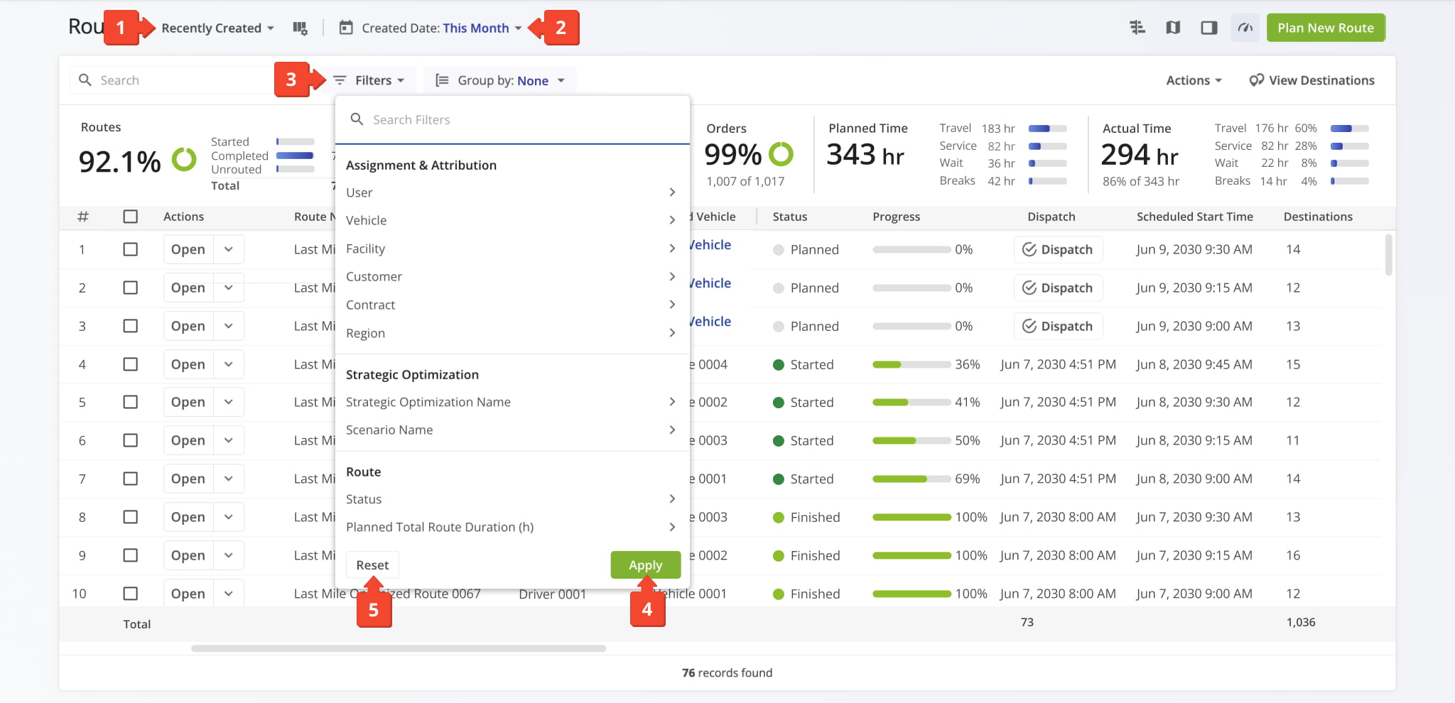 Apply one or multiple filters to sort and view routes by similar criteria.