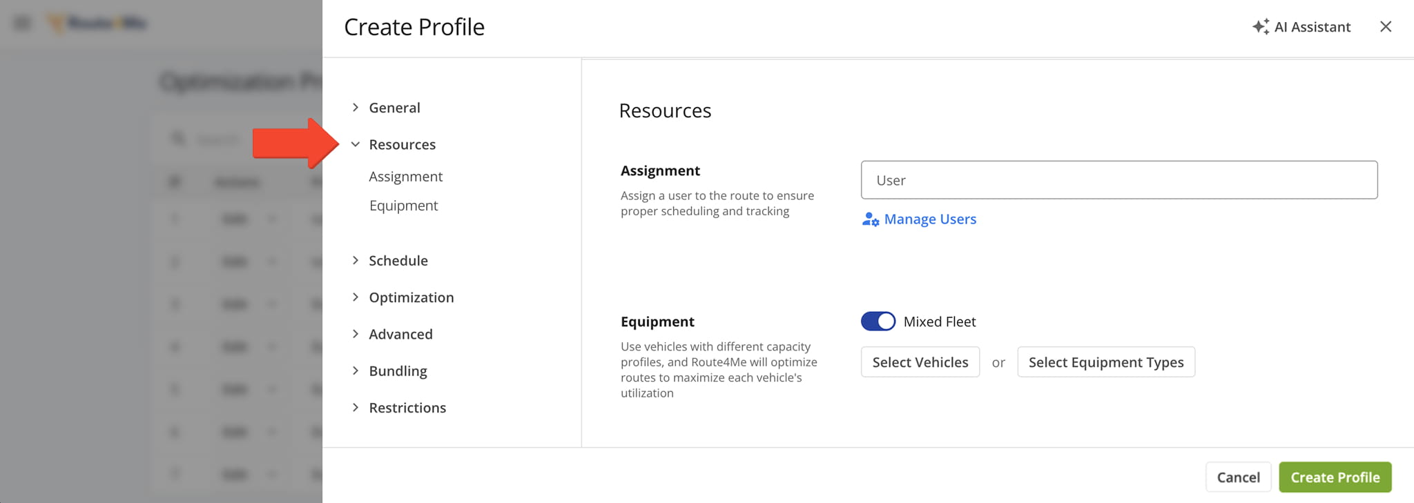 From the Resources tab, you can assign a user and vehicle or equipment type to the Optimization Profile.