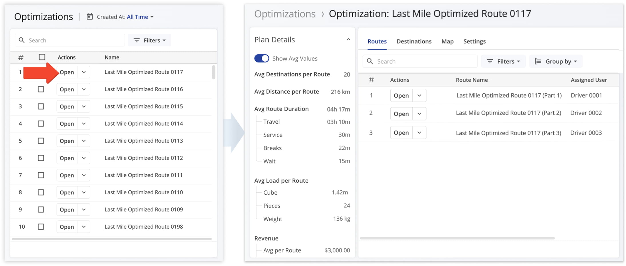 Optimization Snapshots enable you to review detailed route analytics, destination data, proof of visit information, and much more.