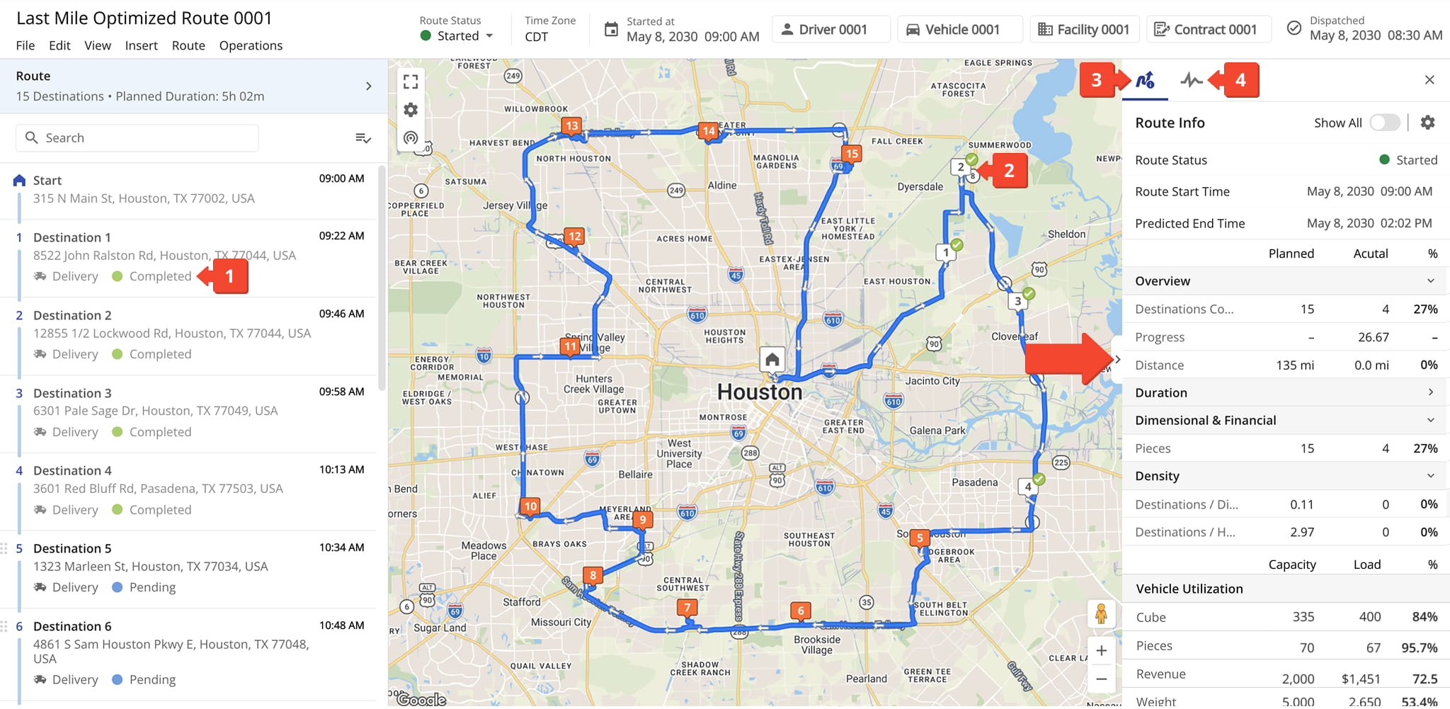 Real-Time route progress tracking in Route Editor: route and stop statuses, stop ETAs and visited timestamps, time on site, planned with completed, and more.
