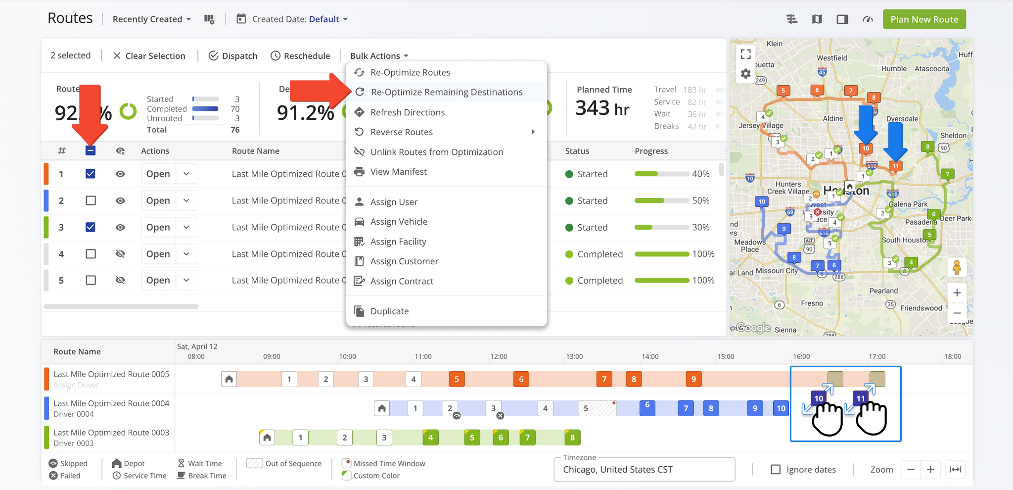 When moving stops between routes, re-optimize all affected routes to ensure the best overall sequence for each route.