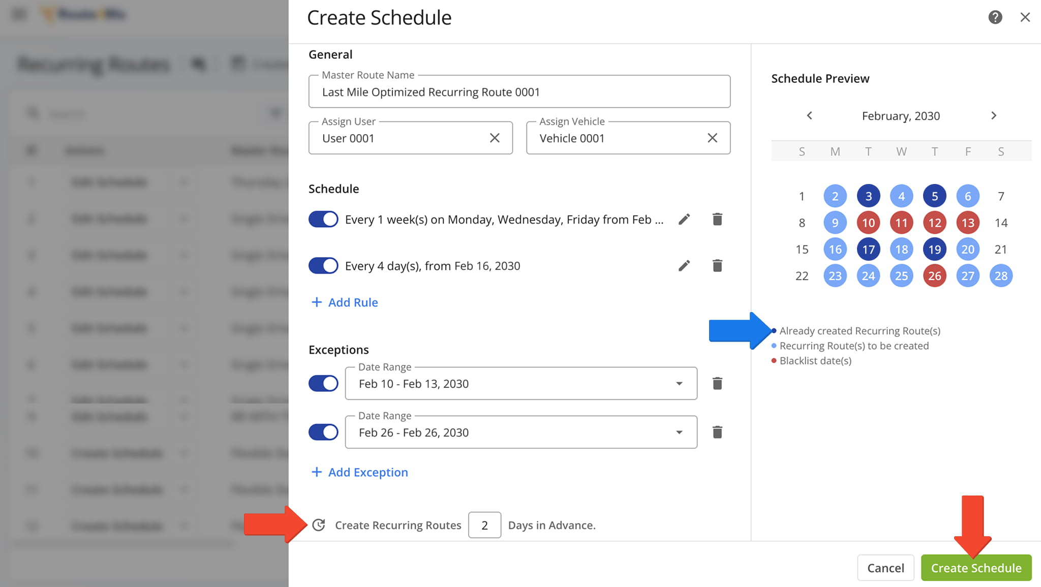 You can predefine the number of days in advance you would like to create recurring routes.