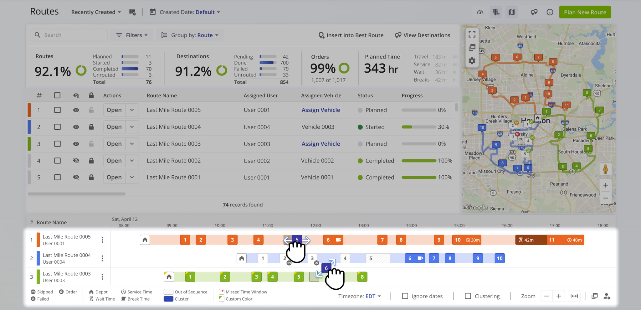 From the Route Timeline, you can update destination statuses, change their sequence position, and duplicate stops.