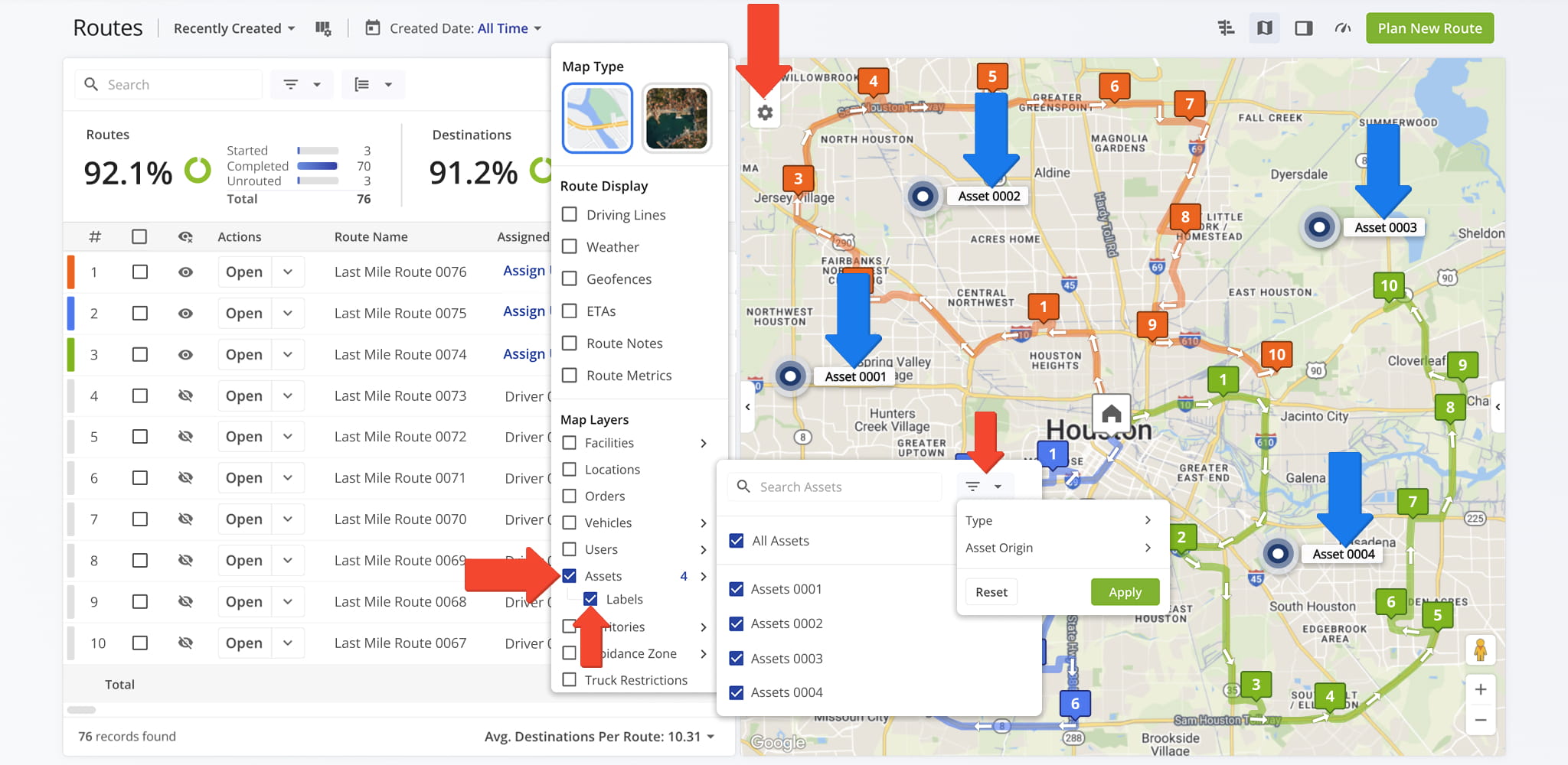 Use the Assets menu to select, deselect, or search for assets, then filter by Type or Asset Origin: Internal, External, or All.