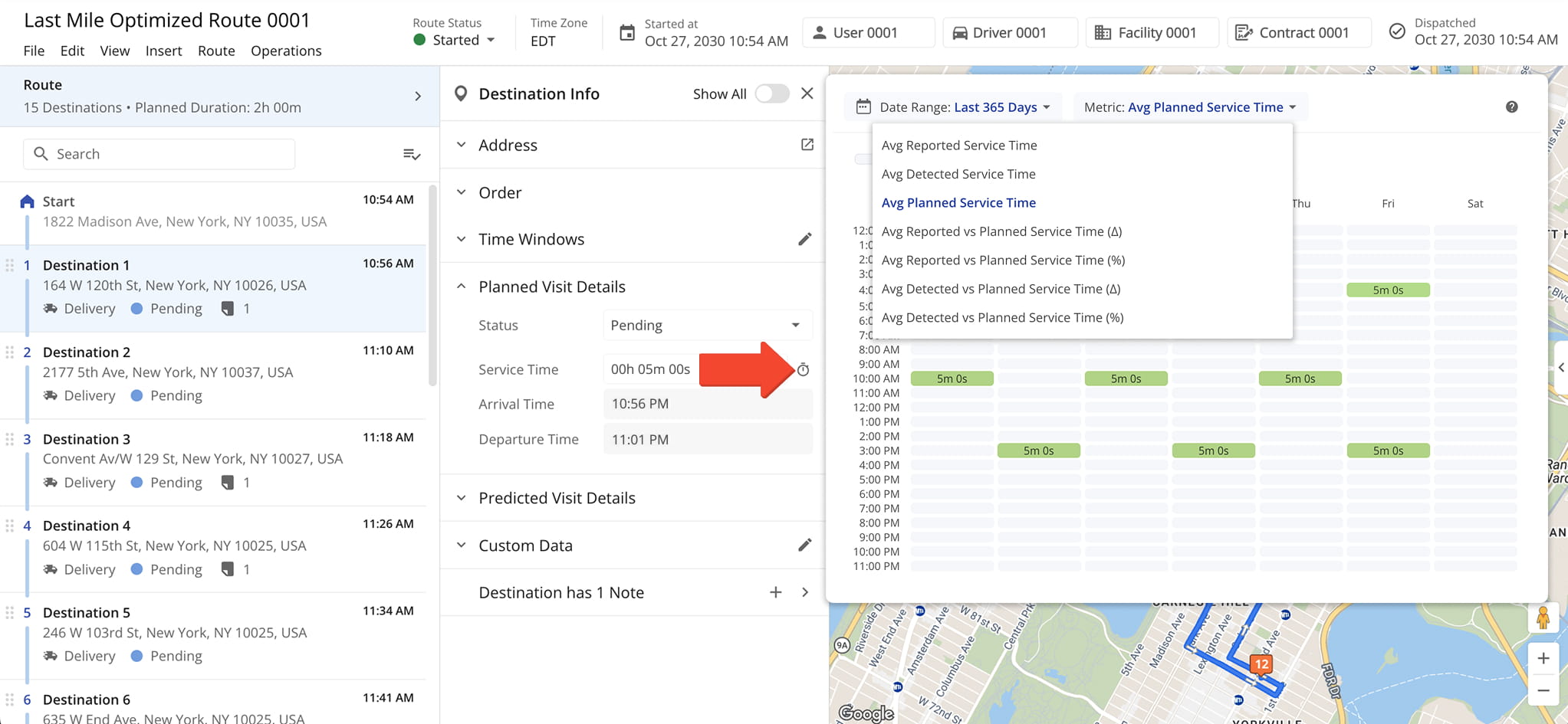 Historical Service Time Insights help you identify trends, refine service time estimates, and improve overall route accuracy..