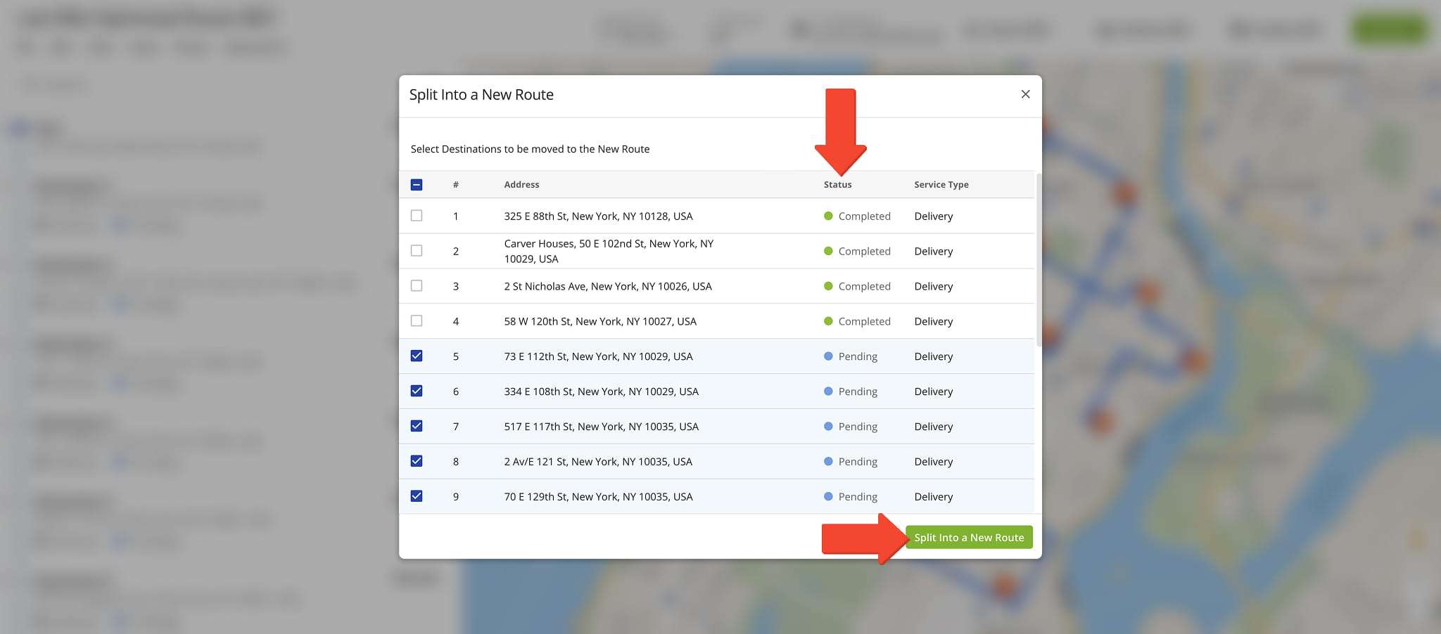When splitting a route that is in progress, you will not be able to add addresses marked as Completed.
