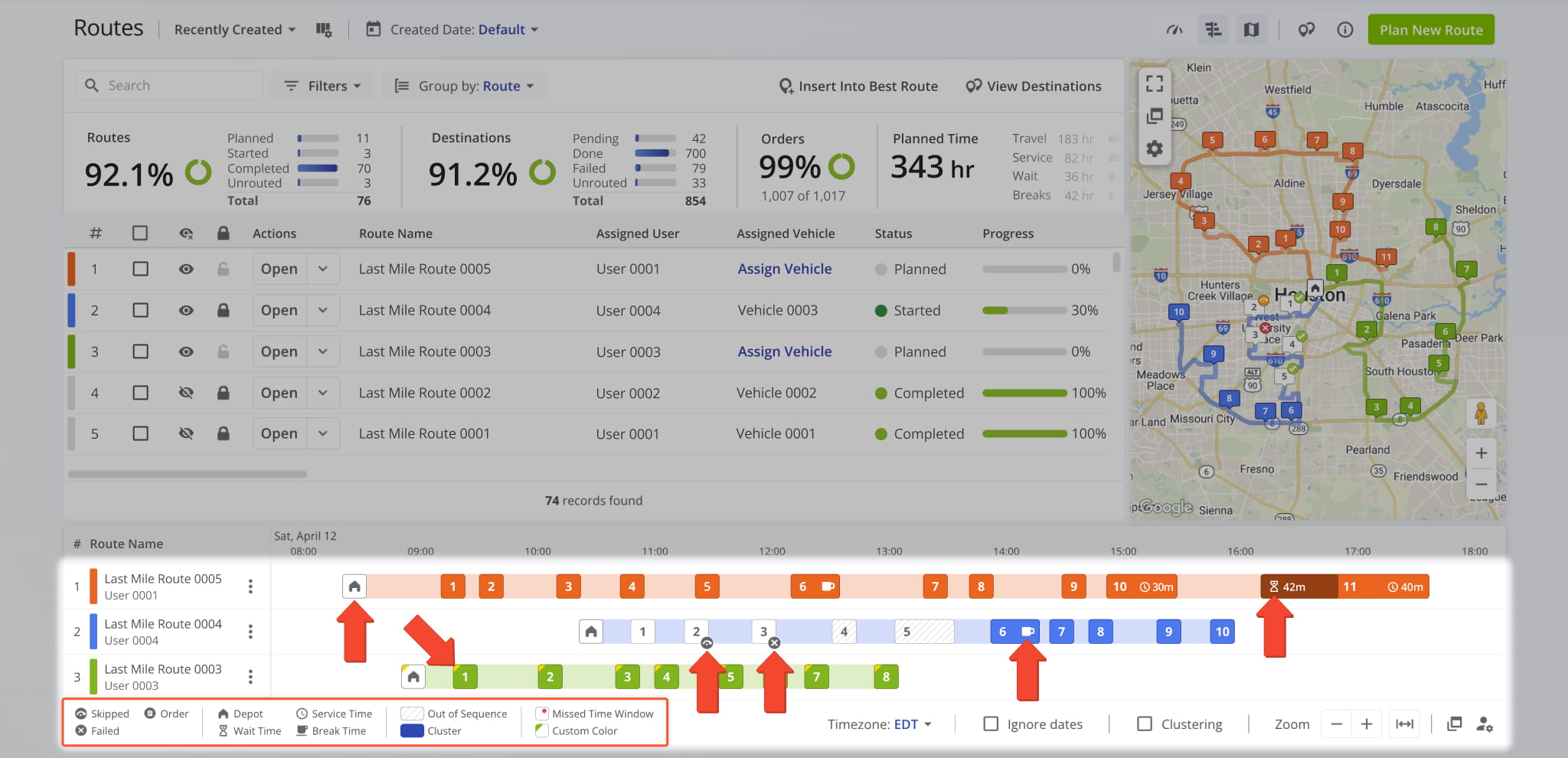 Icons and Color Coding provide visual indications of stop-specific details like wait tile or skipped destinations.