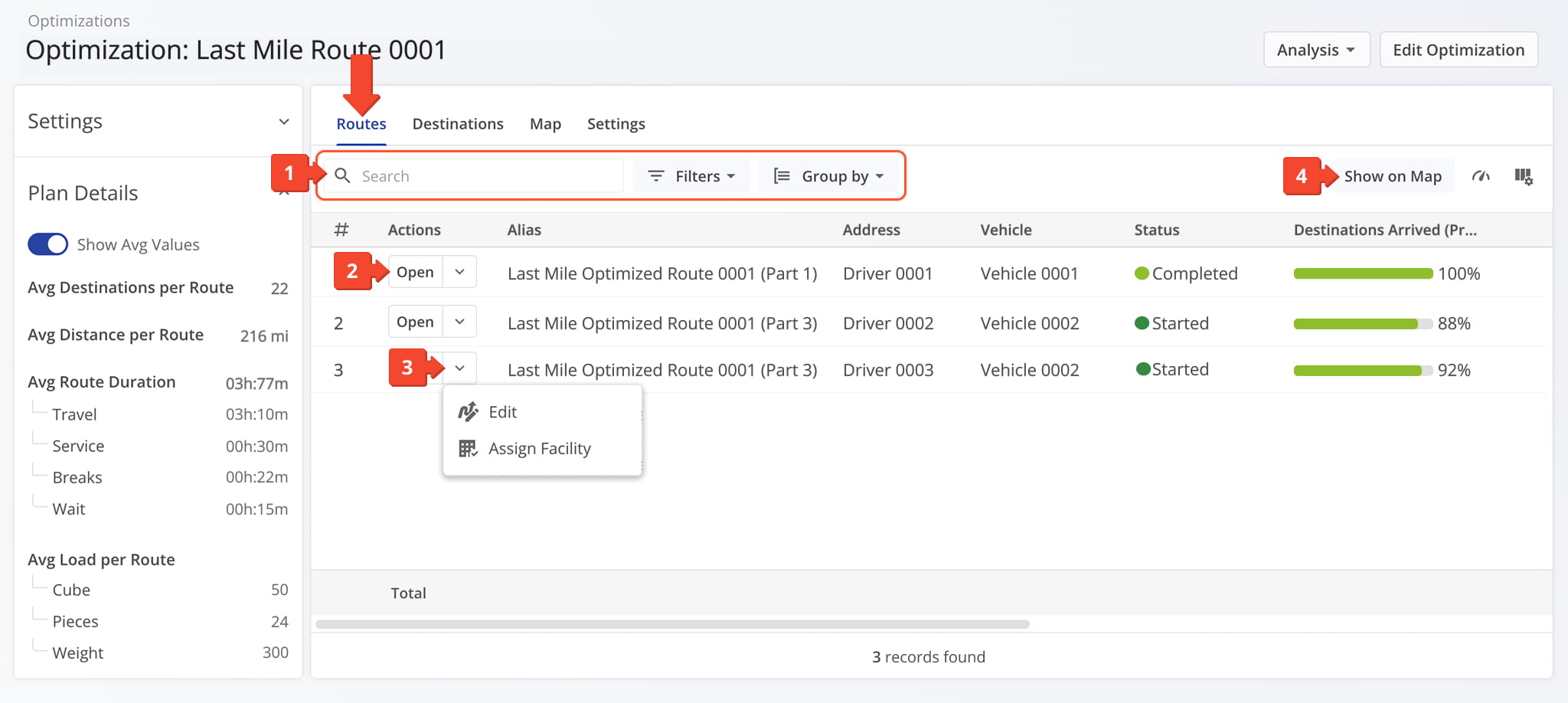 The Routes tab lists all routes for the selected Optimization, allowing you to search, group, or filter them.