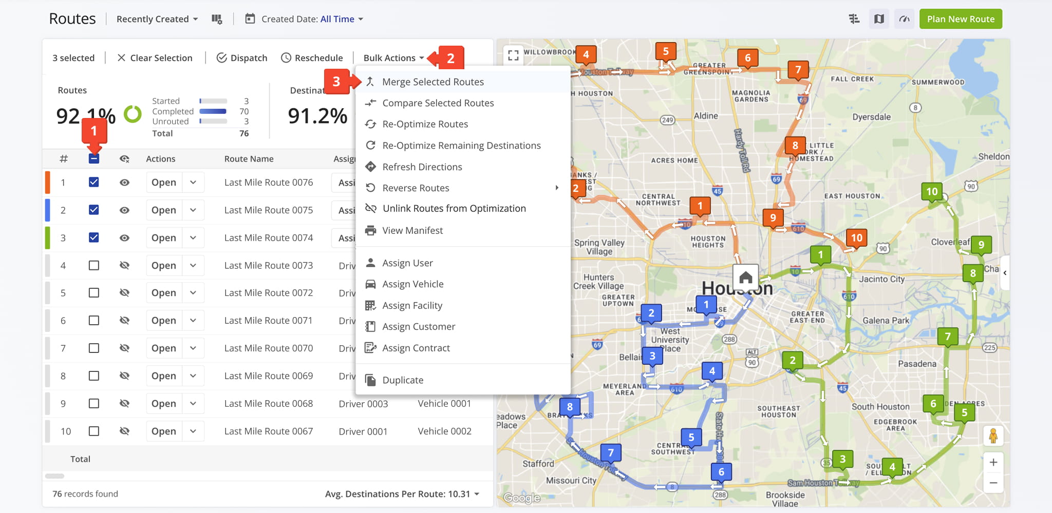 Select routes from your Routes List by checking the boxes, then click