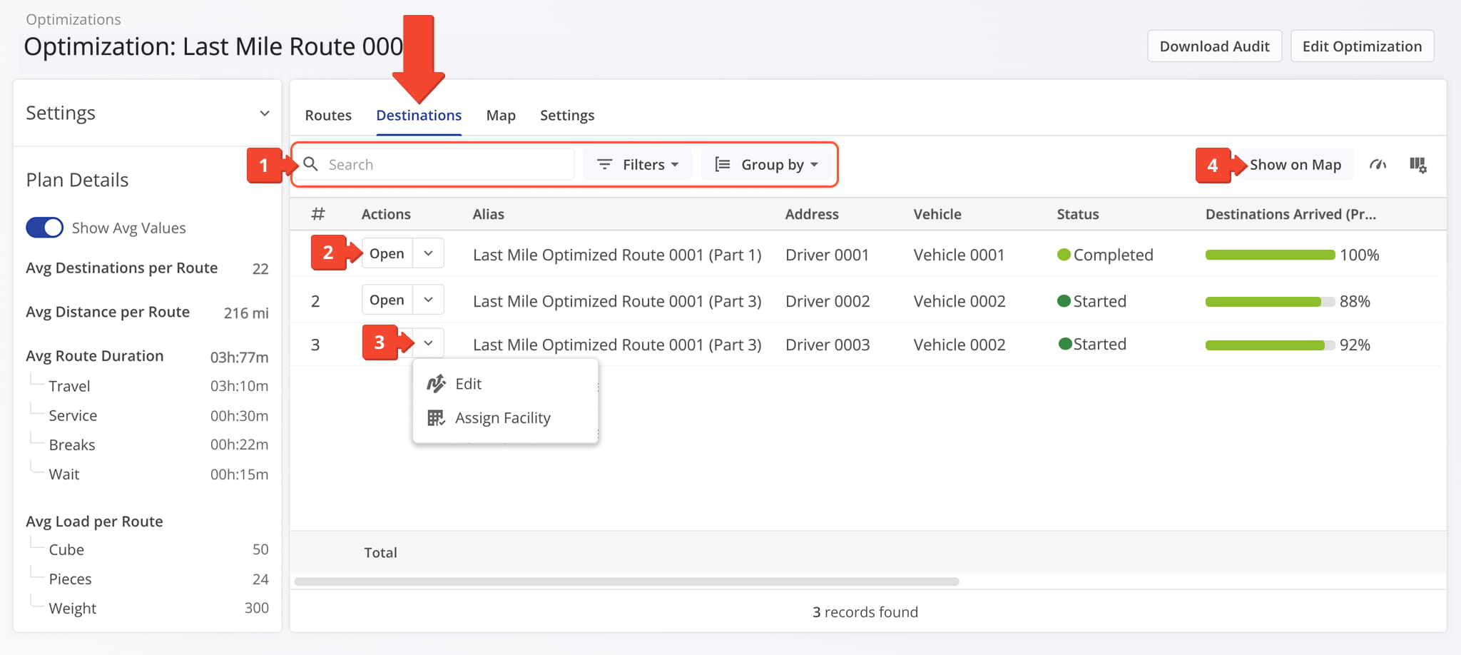 From the Destinations tab, you can search, group, or filter destinations, open snapshots, and view them on the map.