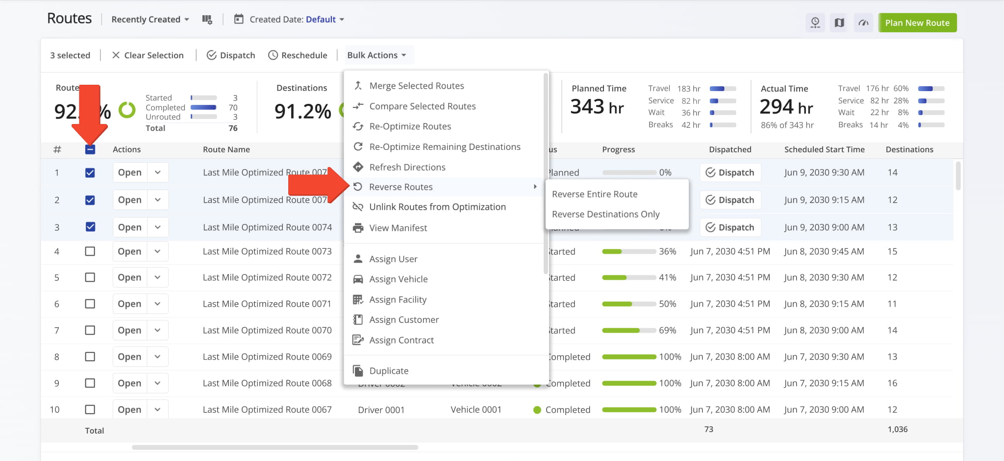 From the Routes List, you can reverse an entire route or reverse only a route