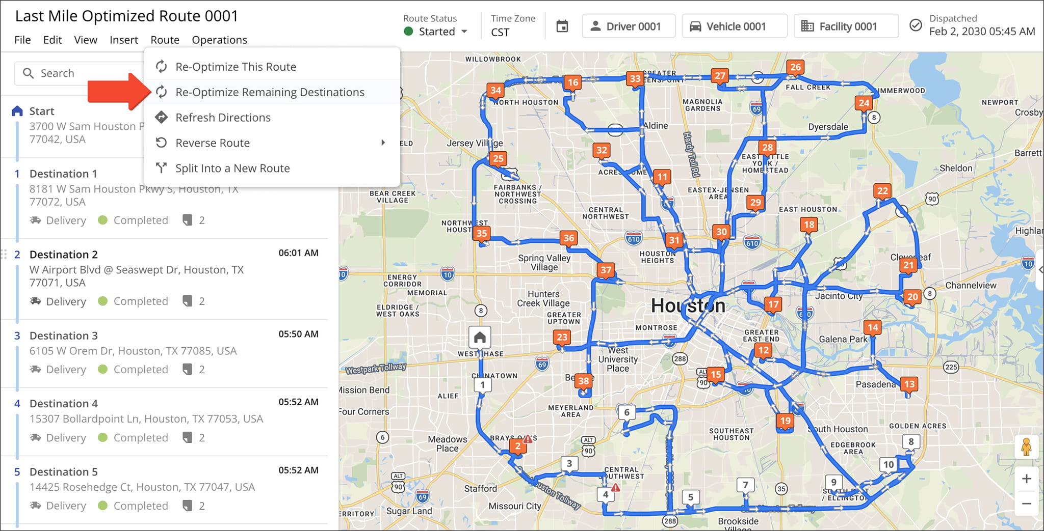 After a route has ben started, you can re-optimize all unvisited stops for more efficient sequencing.