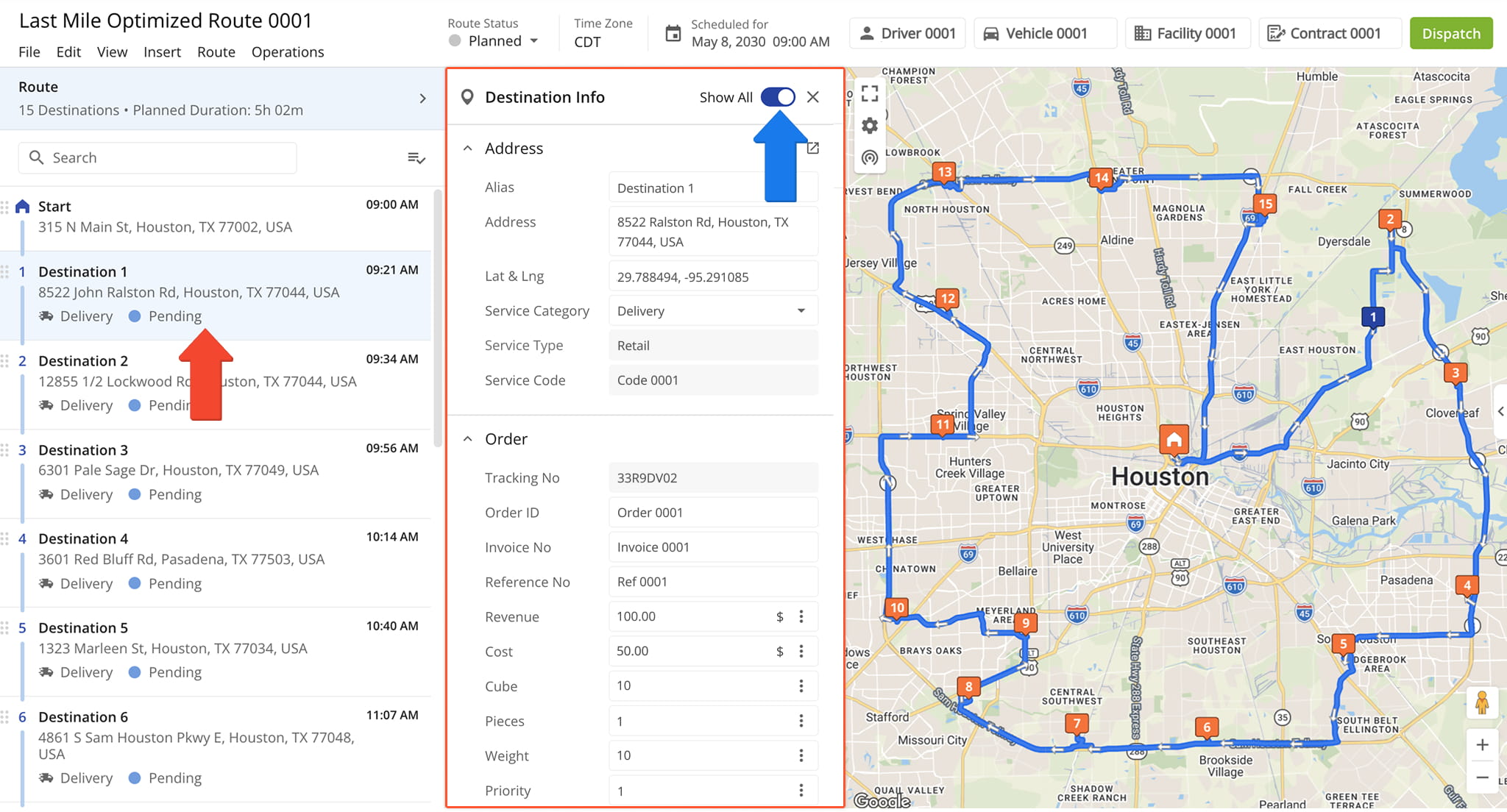 Opening and managing route stops, checking stop ETAs, editing customer details, order info, Custom Data, and adding notes in Route4Me