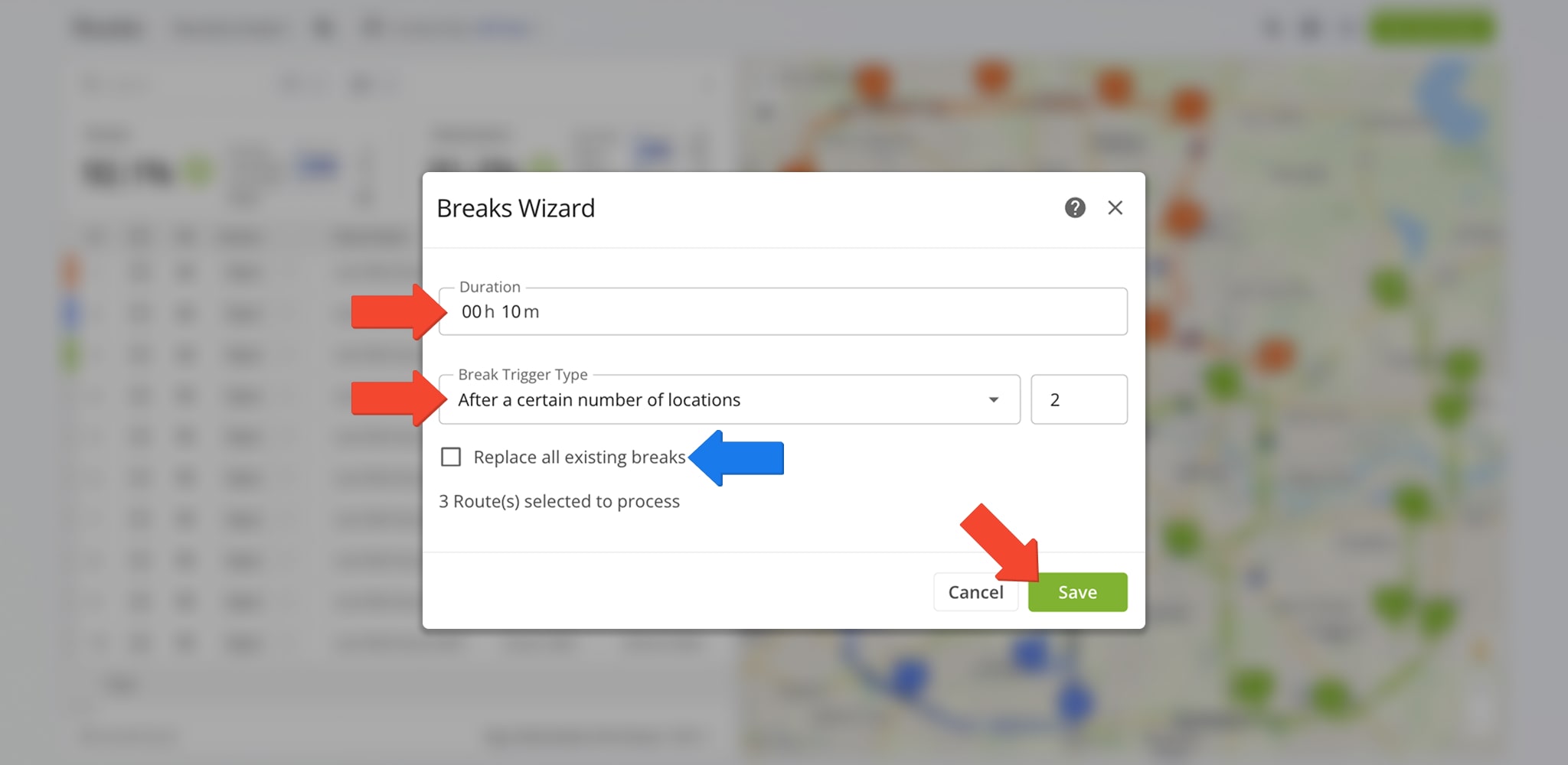When you insert breaks into planned routes, you can customize the break duration and specify break triggers.