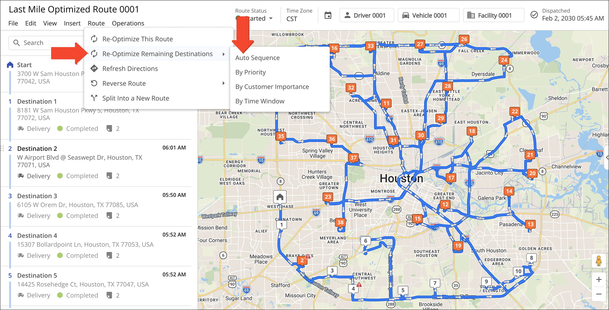 After a route has ben started, you can re-optimize all unvisited stops for more efficient sequencing.