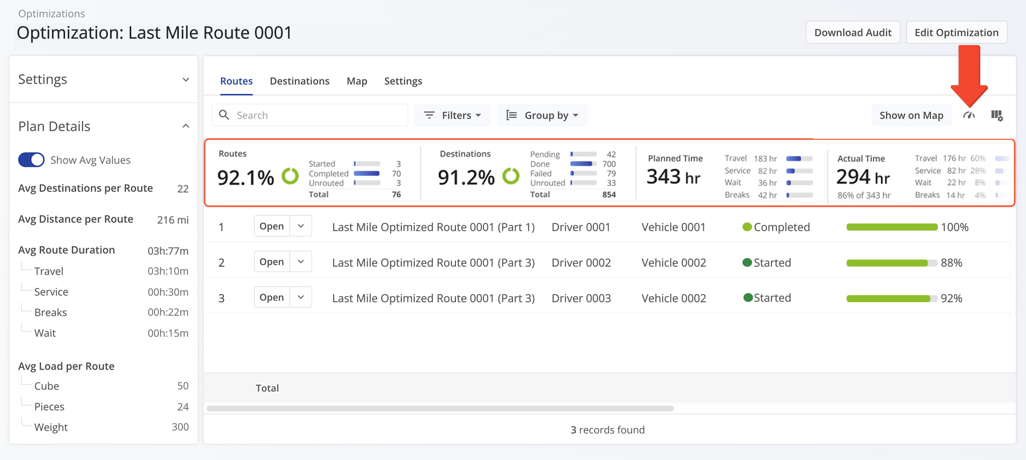 Open the Metrics panel to see planned versus actual route and destination times.