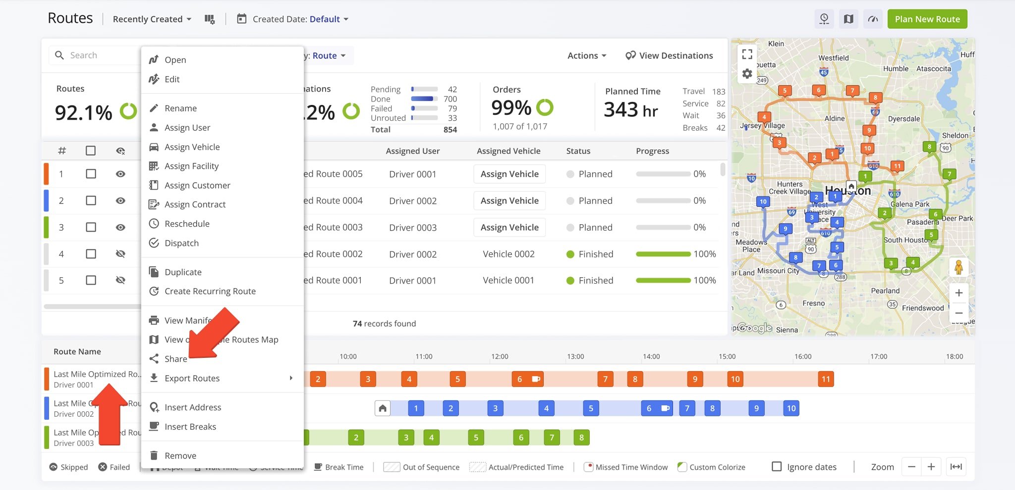 Right-click a route in the timeline and select
