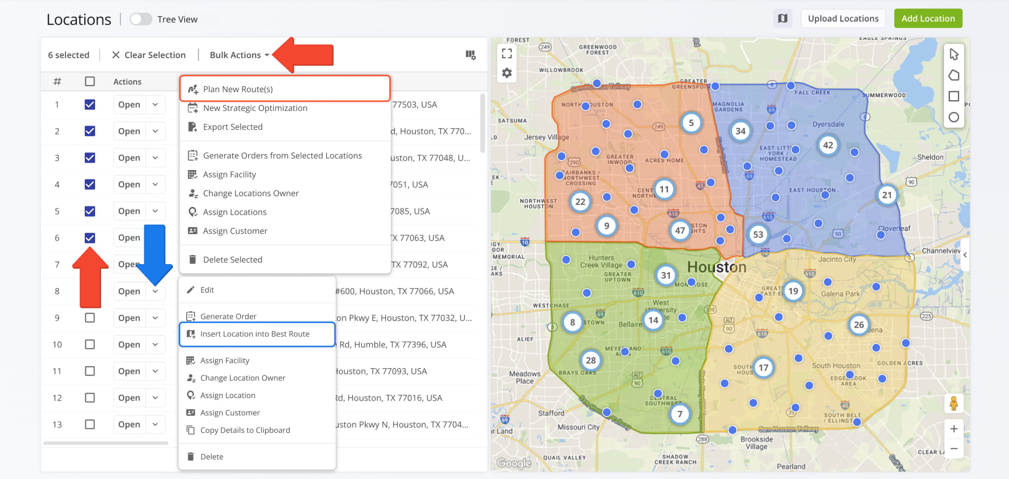 To plan routes with Customer Locations, check all of the addresses you want to include in the route.