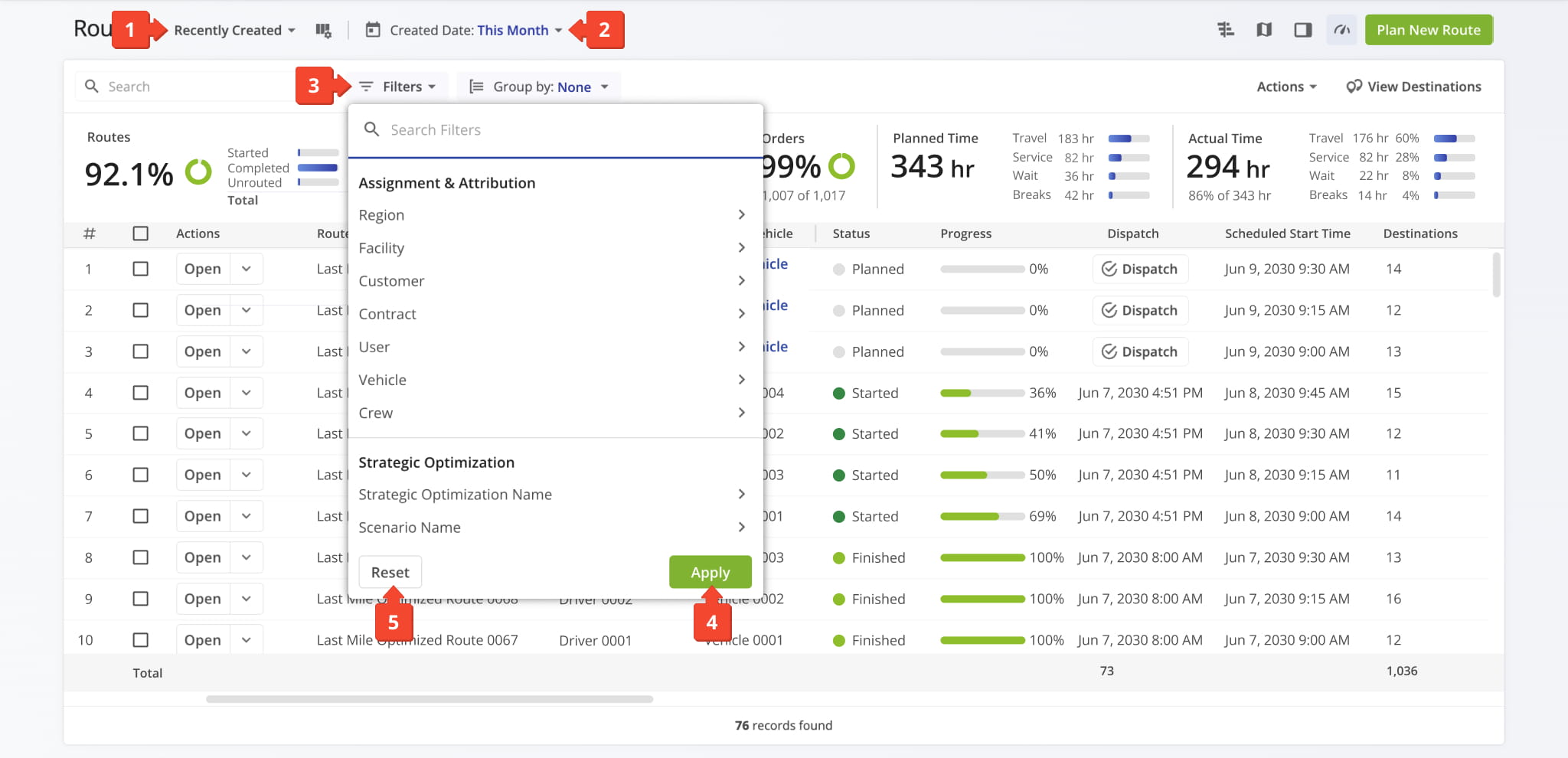 Apply one or multiple filters to sort and view routes by similar criteria.