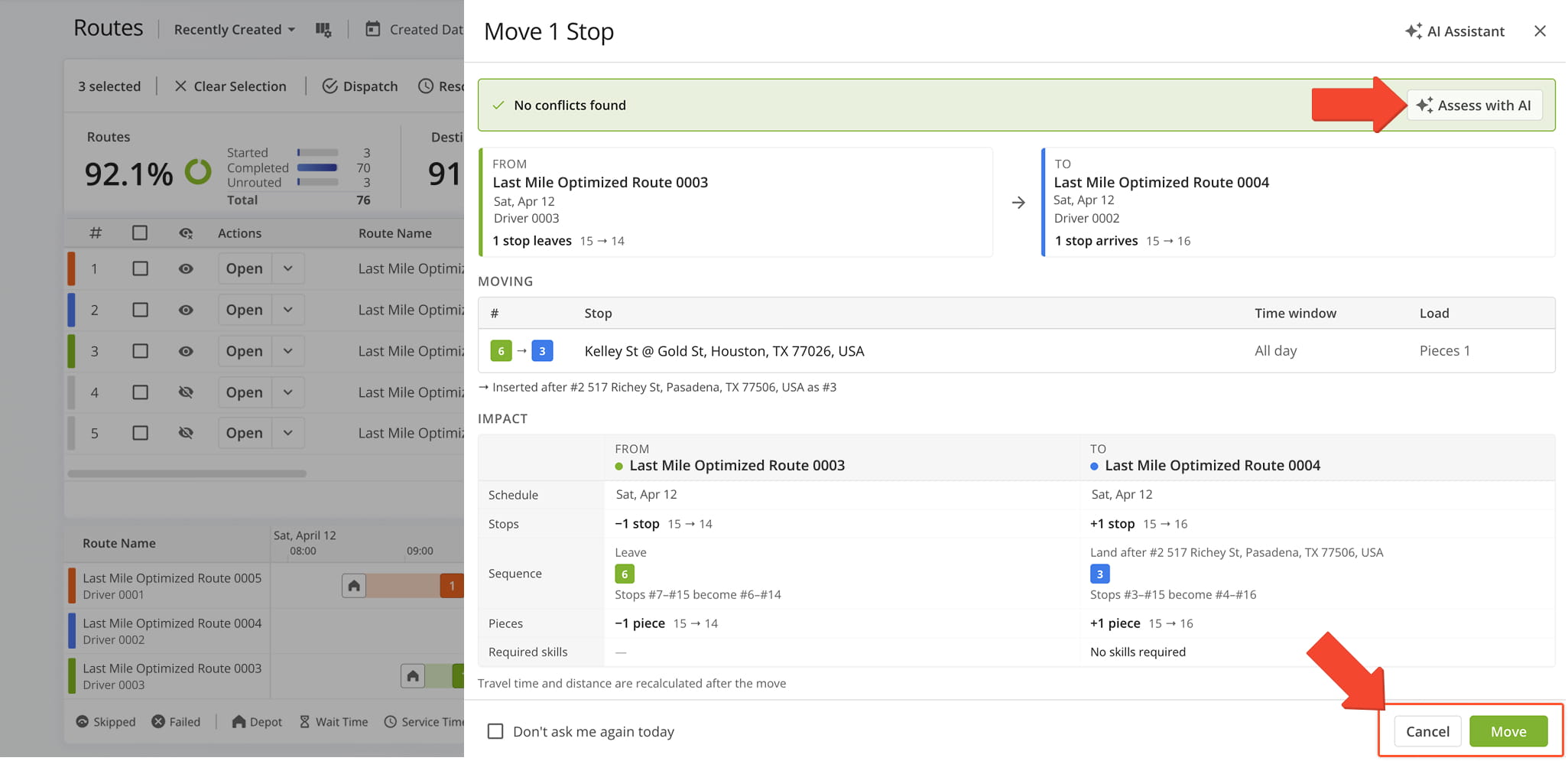Before confirming that you want to reroute a destination, review how the shift will impact each route.