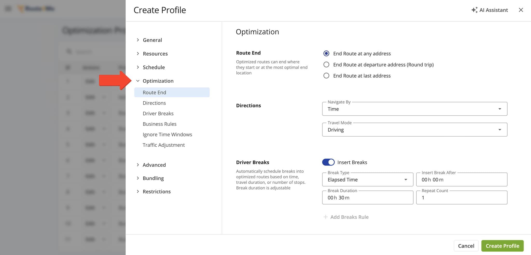 Add route optimization profile settings, route end option, stops distribution, business rules and optimization constraints, etc.
