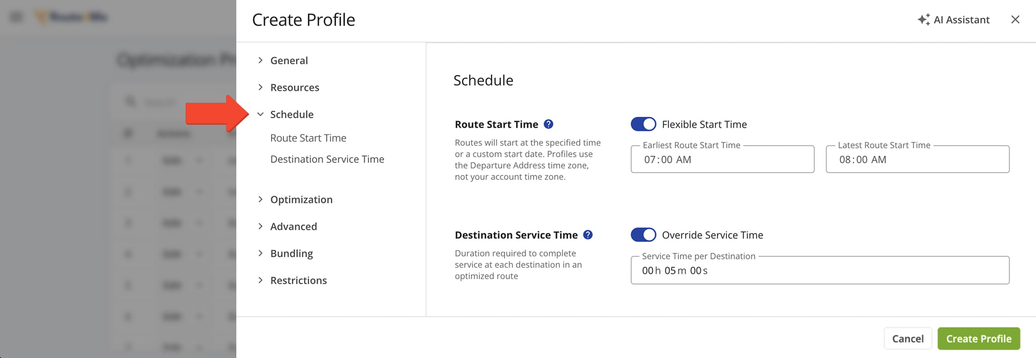 Adjust Optimization Profile schedule settings including route start time and destination service time.