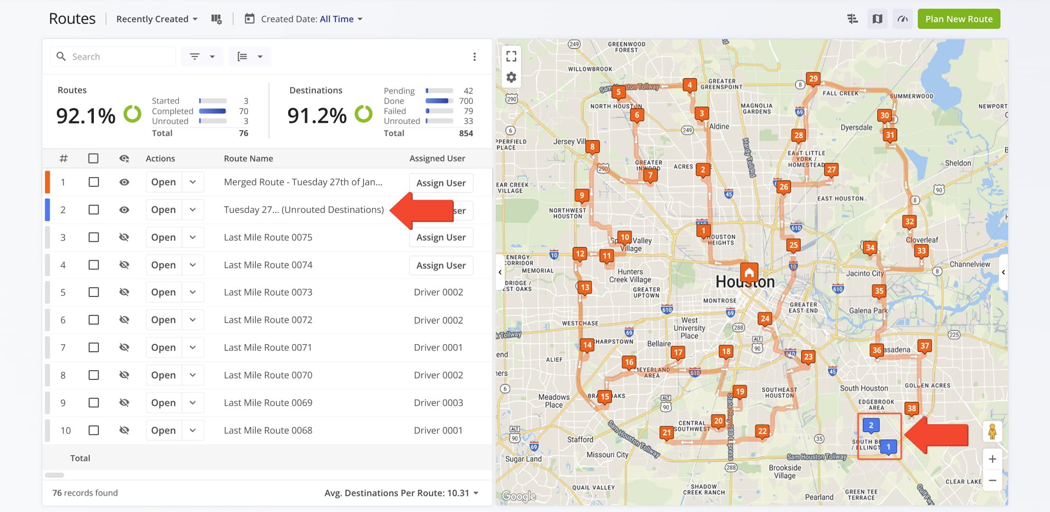 Depending on the optimization settings, business rules, and constaints used to plan routes, you may have Unrouted Destinations.
