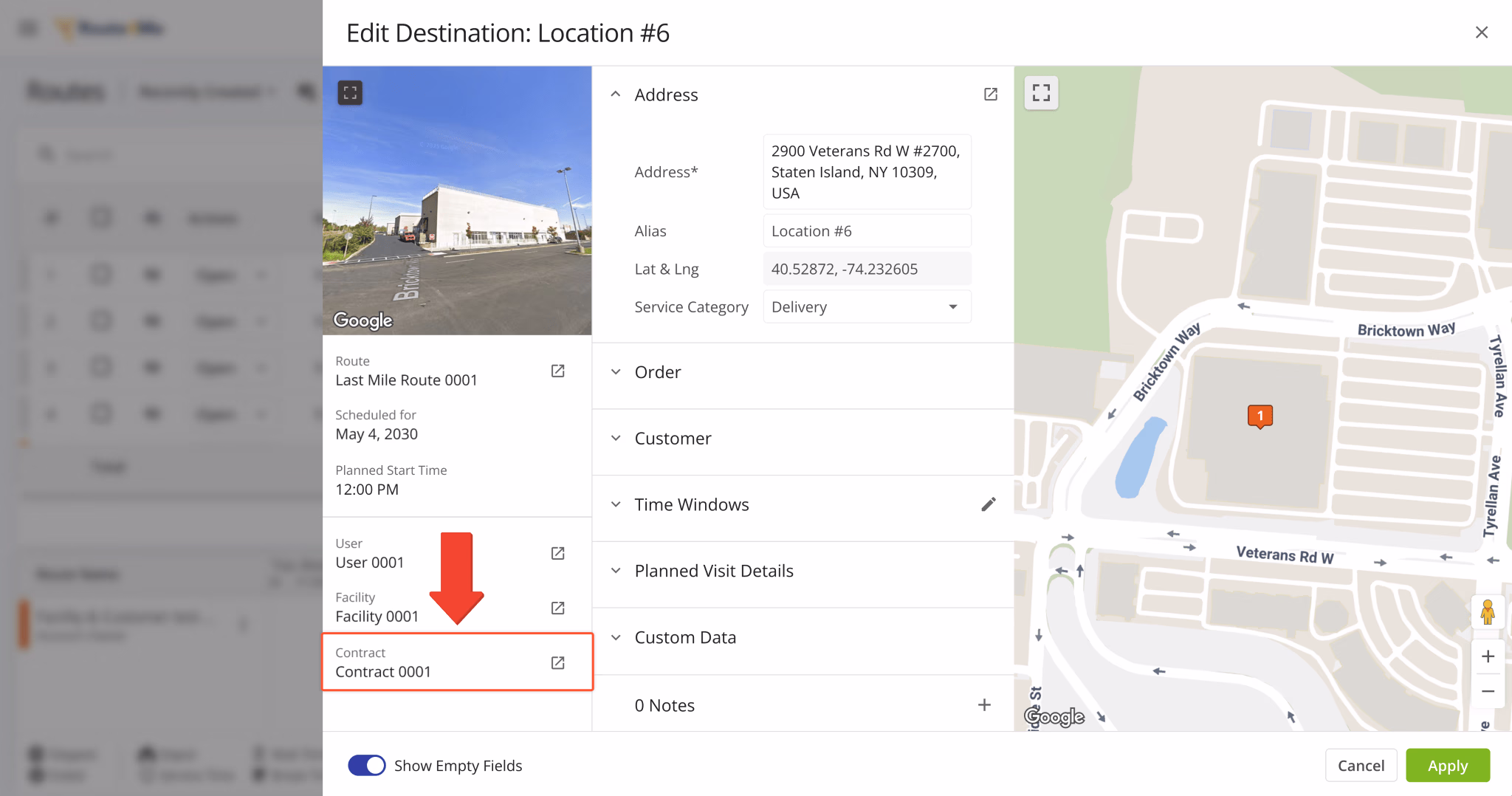 A new Contract field was added to the Edit Destination panel on the Routes Page.