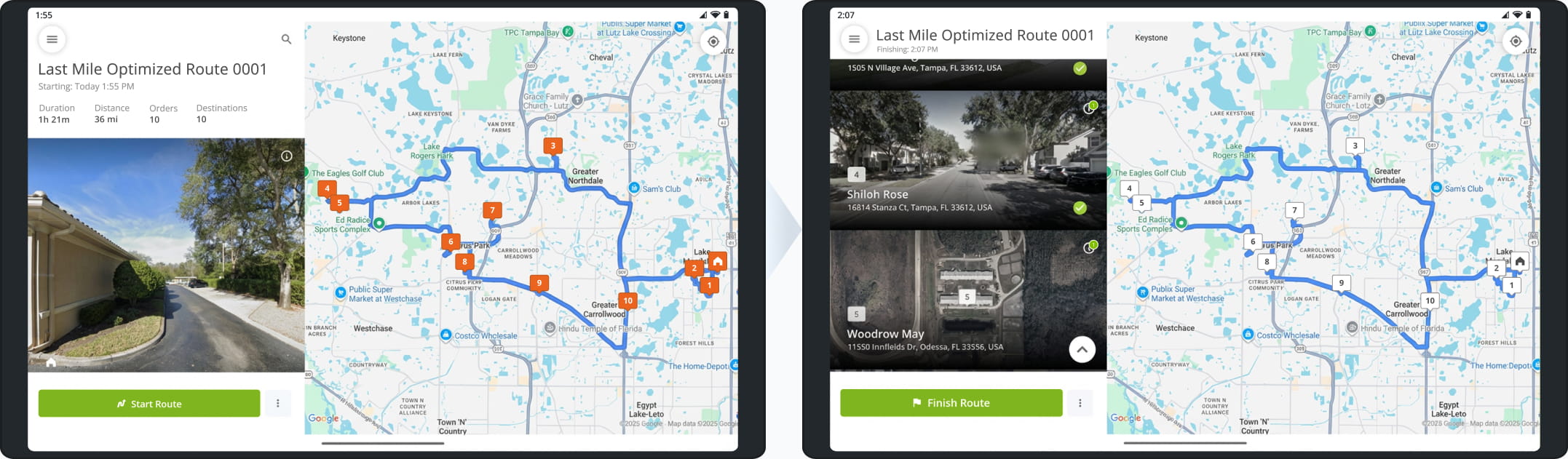 Landscape orientation is also supported and allows the app to display the immersive destinations list next to the route screen, providing more information and functionality than previous versions of the Route4Me tablet route planner app.