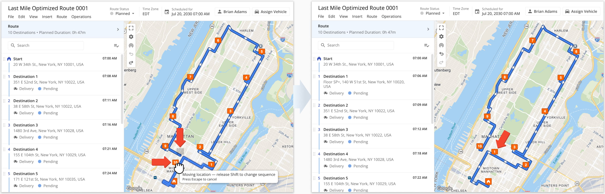 It's now possible to re-sequence routes directly on the Route Editor Map by clicking and dragging destinations.