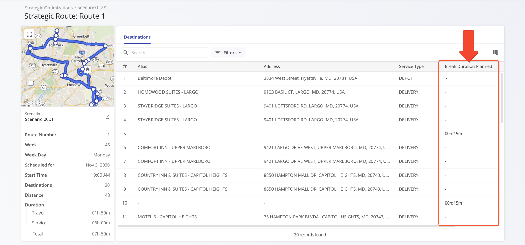 A new Break Time Duration column has been added to the Strategic Routes Snapshot.