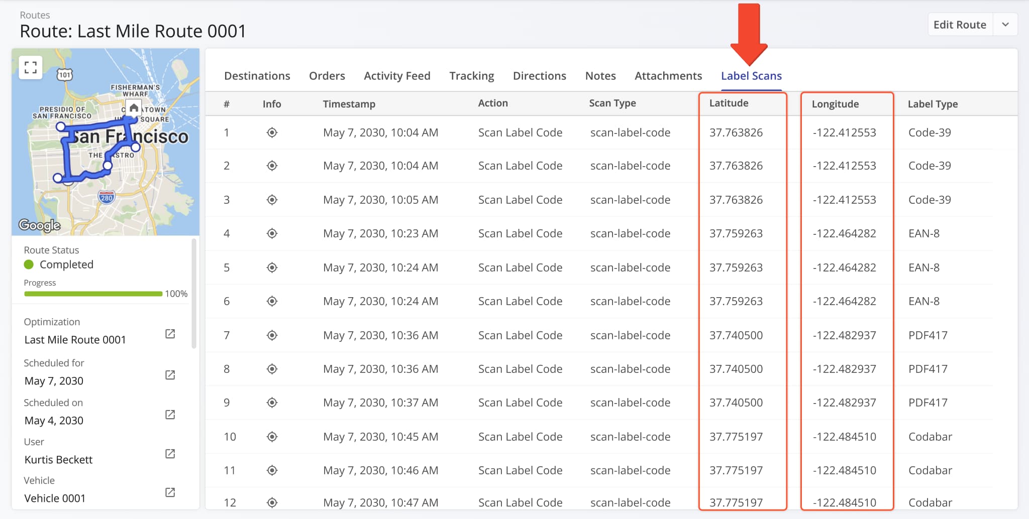 The Location column in the Label Scan tab of Route Snapshots was split into new Latitude and Longitude columns.