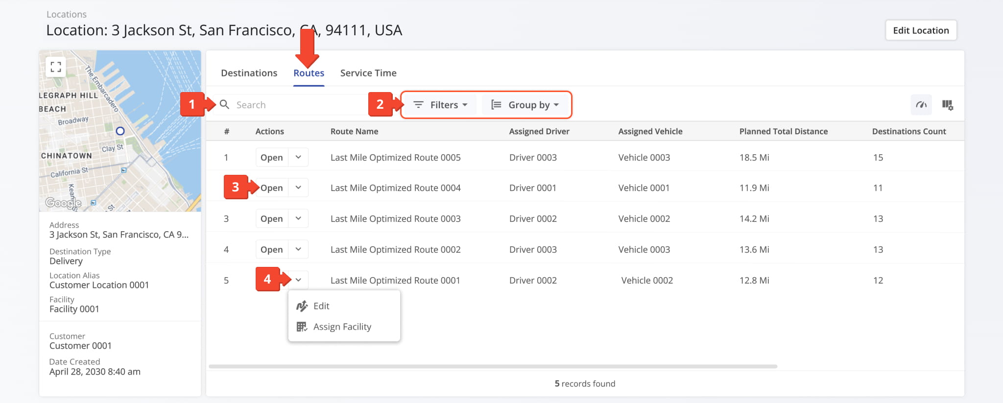 The Routes tab shows all routes for a location, with search, filters, and quick access to edit or view snapshots.