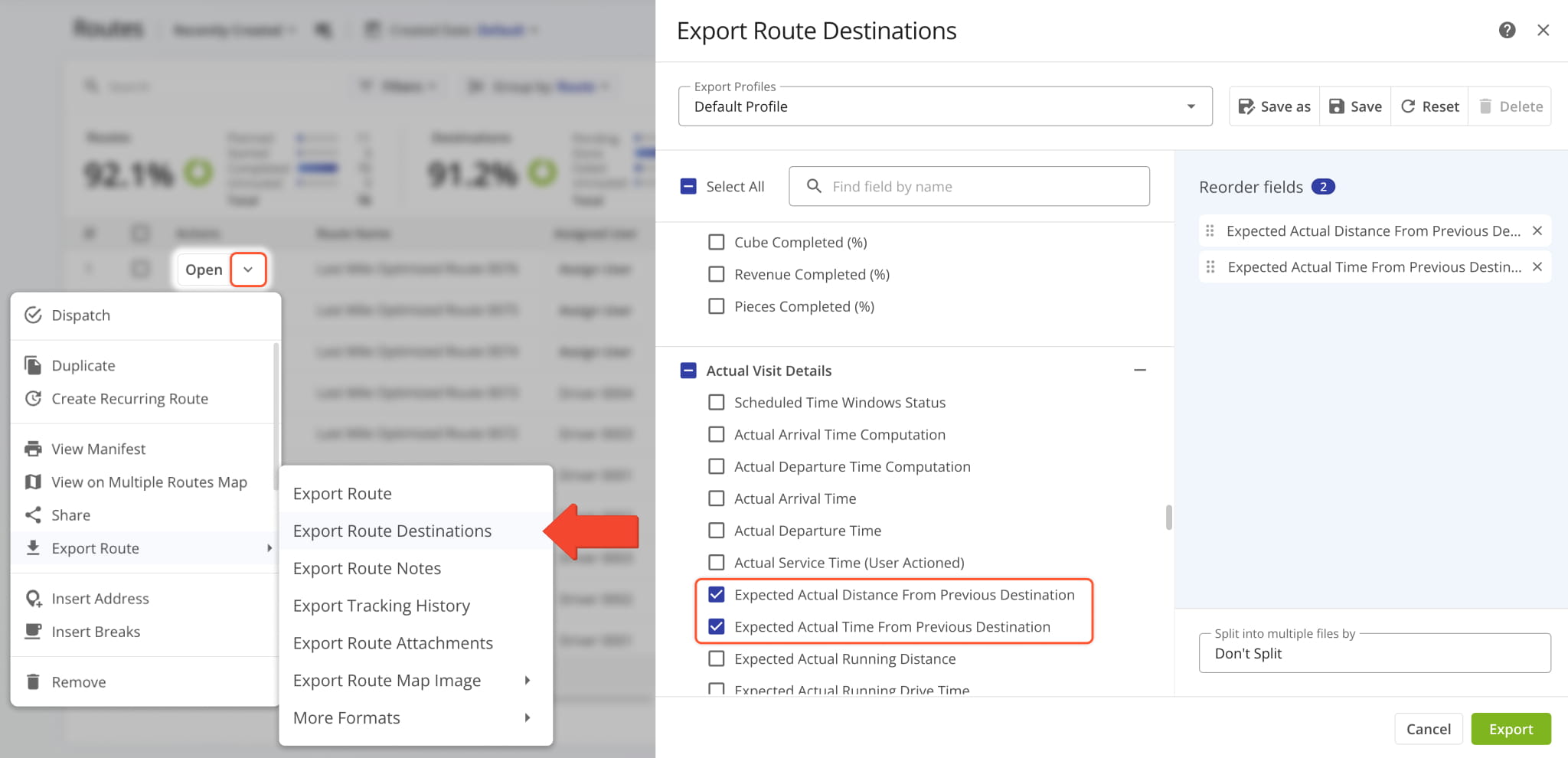 Users can now select new values when exporting route destinations from the Routes Page tracking the expected actual distance and travel time from a previous route destination.