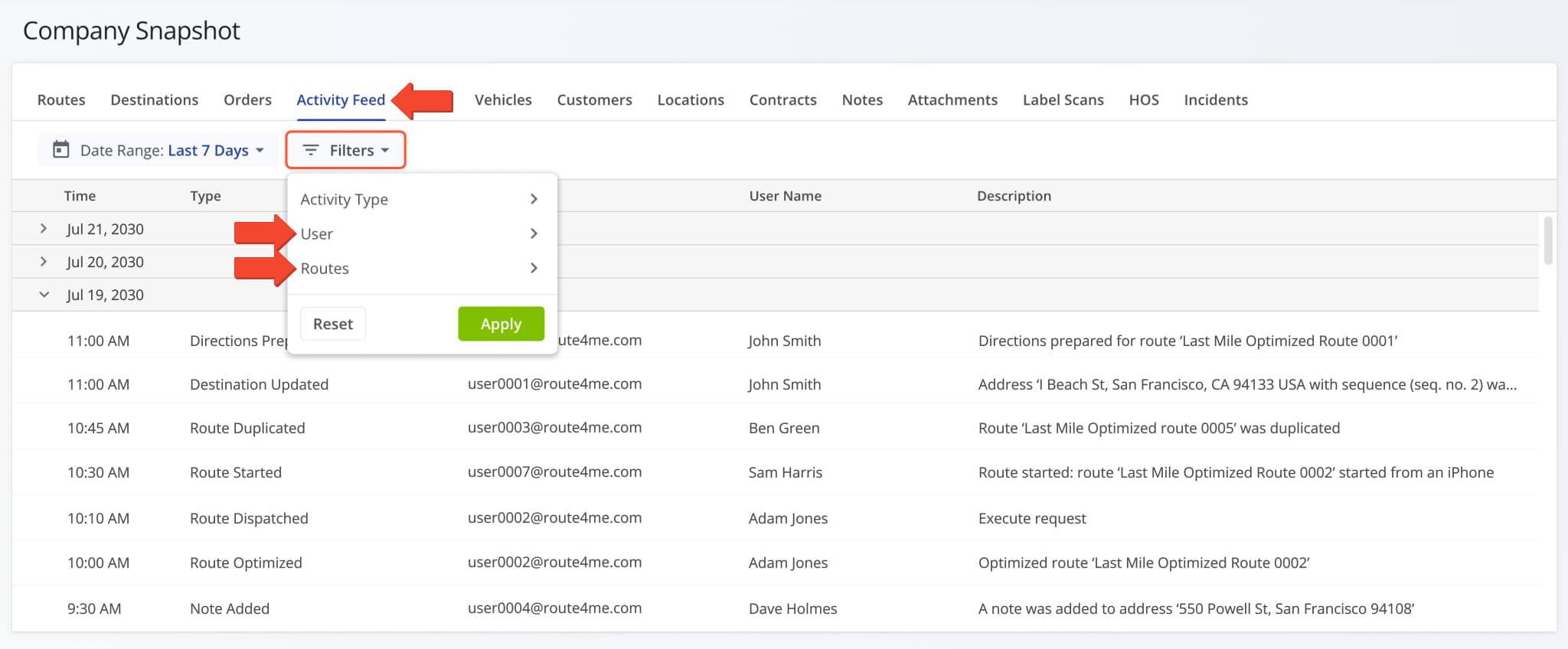 Filter the Company Snapshot Activity Feed by Activity Type, User, and Routes.