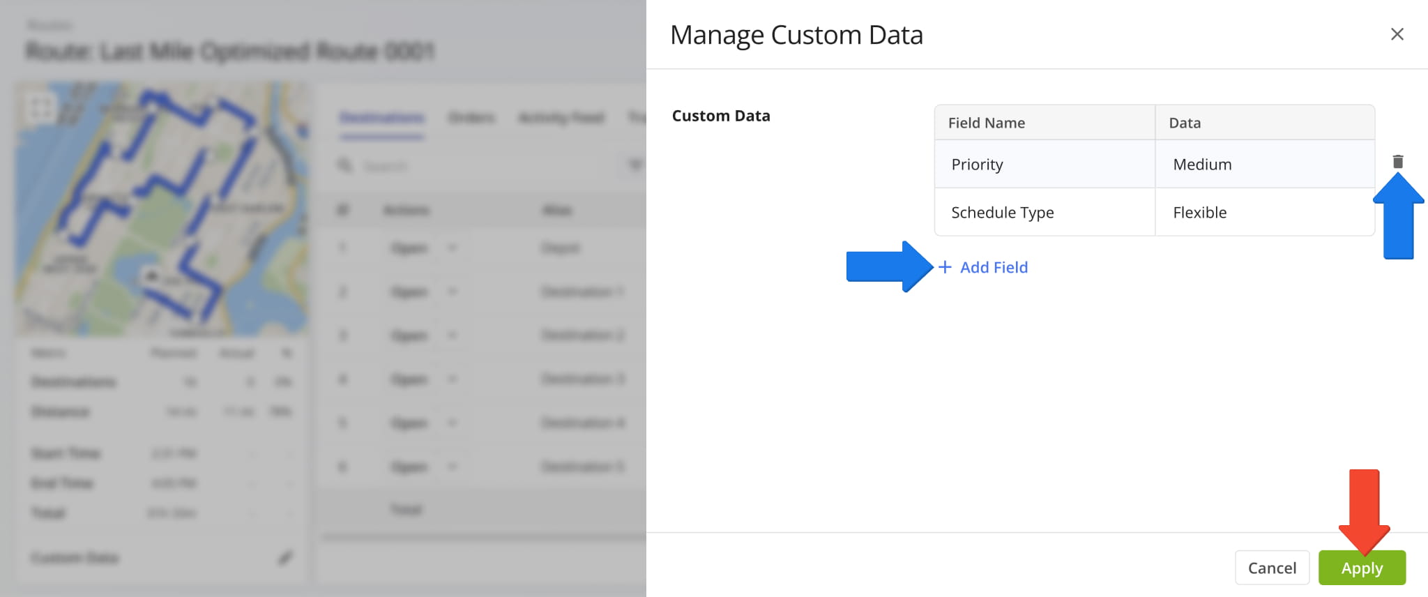 You can see Custom Data associated with the route, add Custom Data fields with the Add Field button, and remove Custom Data by clicking the Delete Icon.