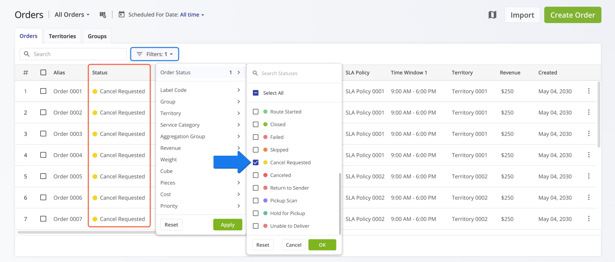 A new Cancel Requested Order Status was added to the Route4Me ERP Order Management System.