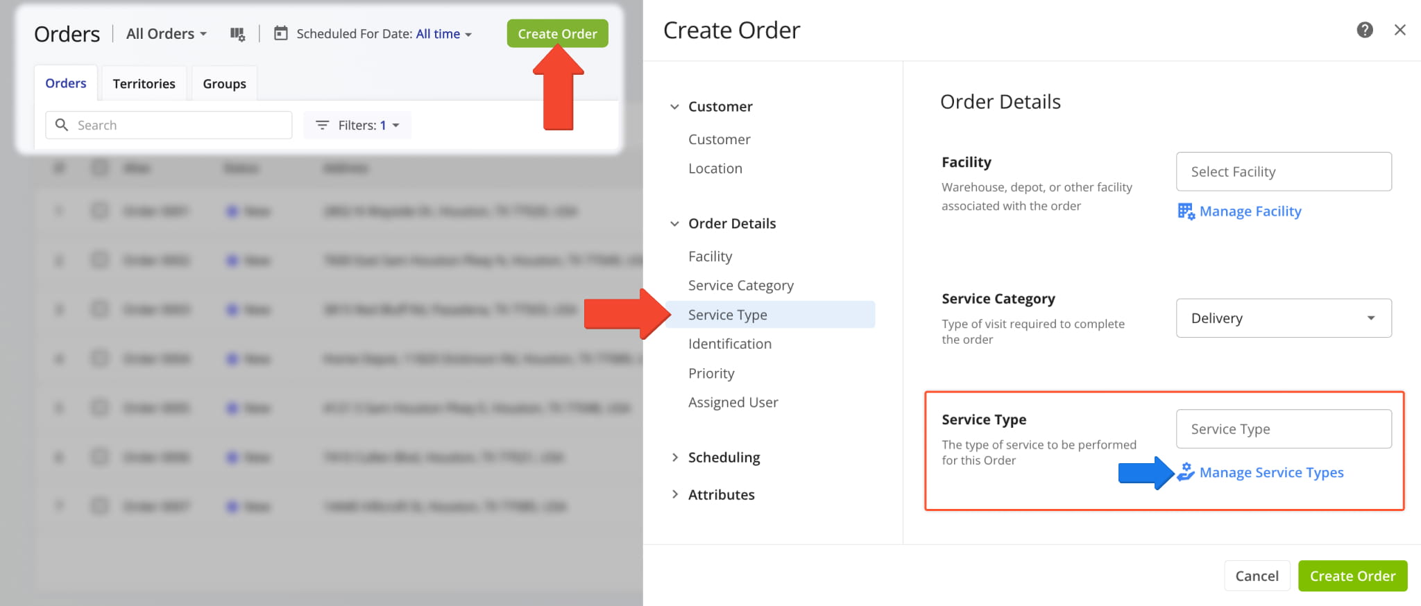 A new Service Type field was added when creating and editing Orders.