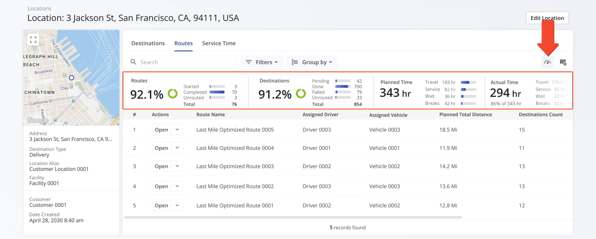 Open the Metrics panel to track route progress, efficiency, and performance.