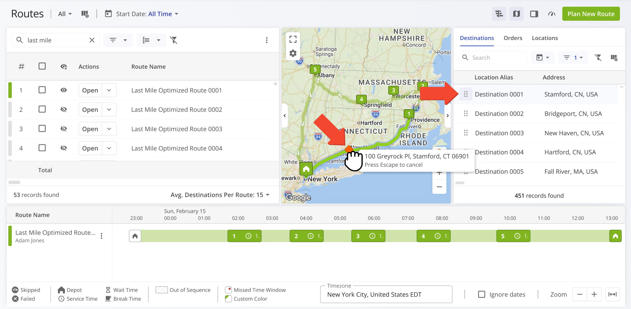 The existing drag-and-drop functionality available for Destinations, Orders, and Locations using the Routes Map and Routes Timeline was extended to allow dragging items directly onto a route on the map.
