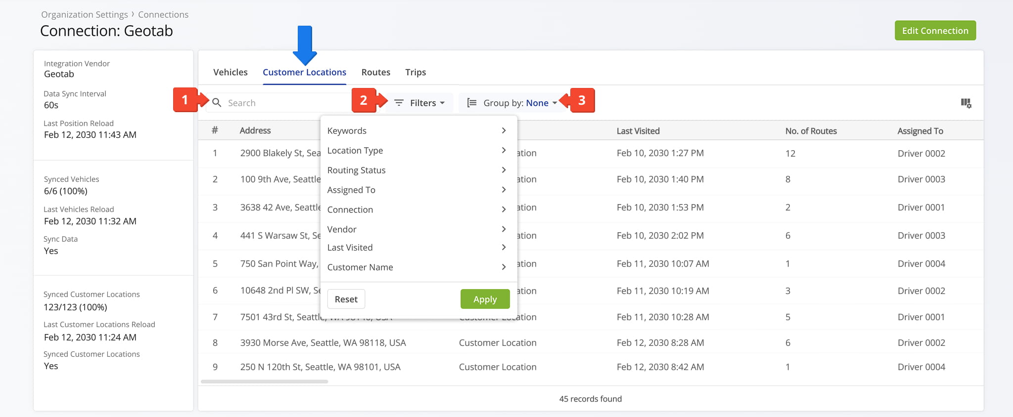 From the Customer Locations tab, you can access detailed information related to all destinations associated with your telematics connection.