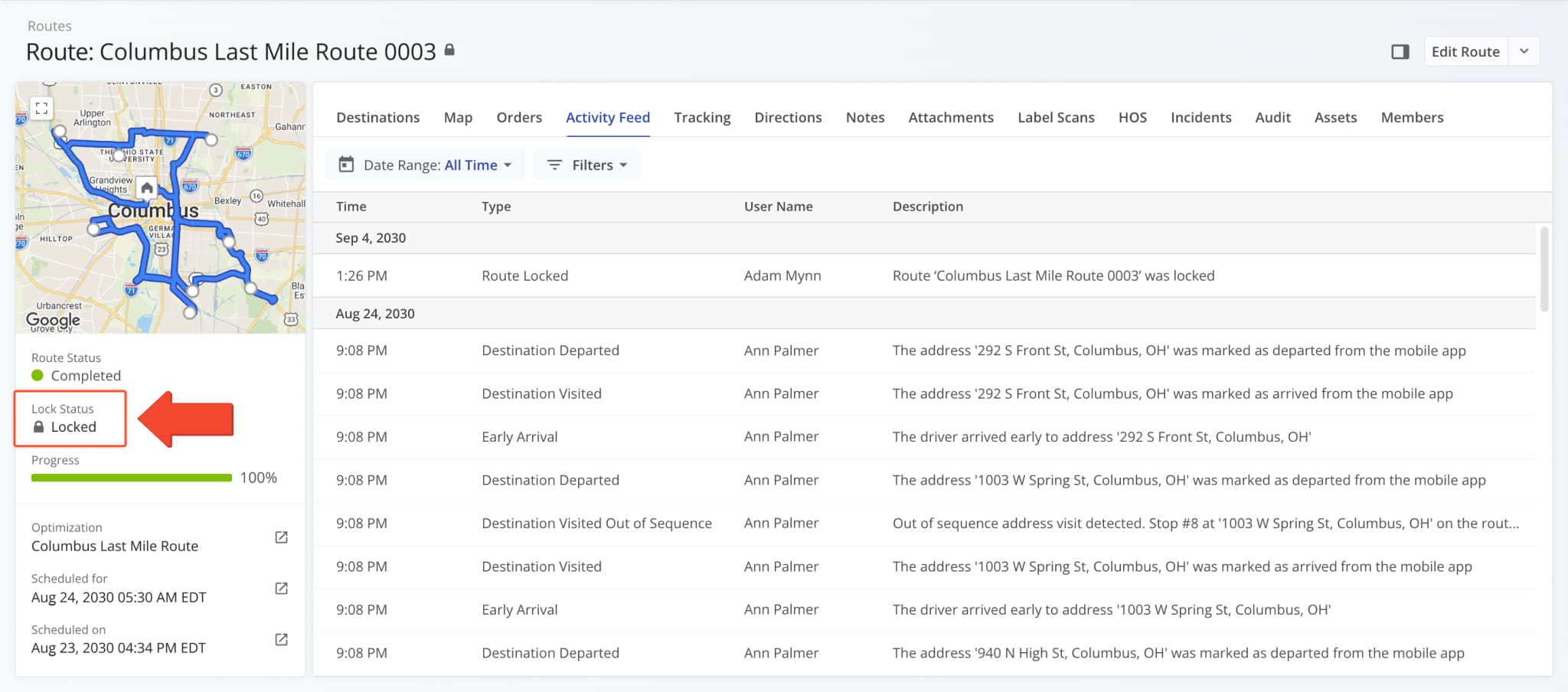 Lock Status in the Summary Panel in a Route Snapshot. It shows whether the corresponding route is locked or unlocked.